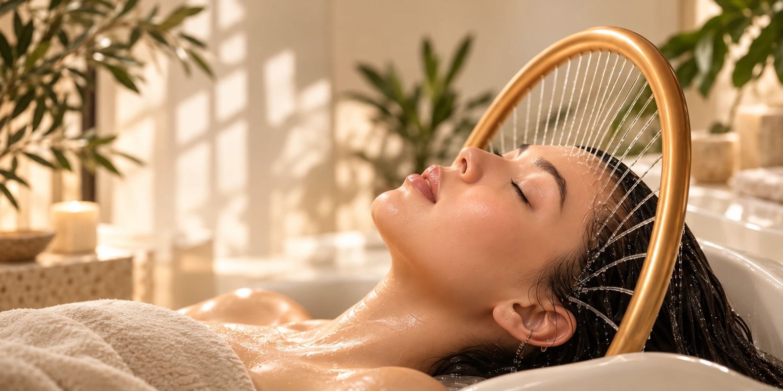 A client relaxing at the head spa basin with eyes closed